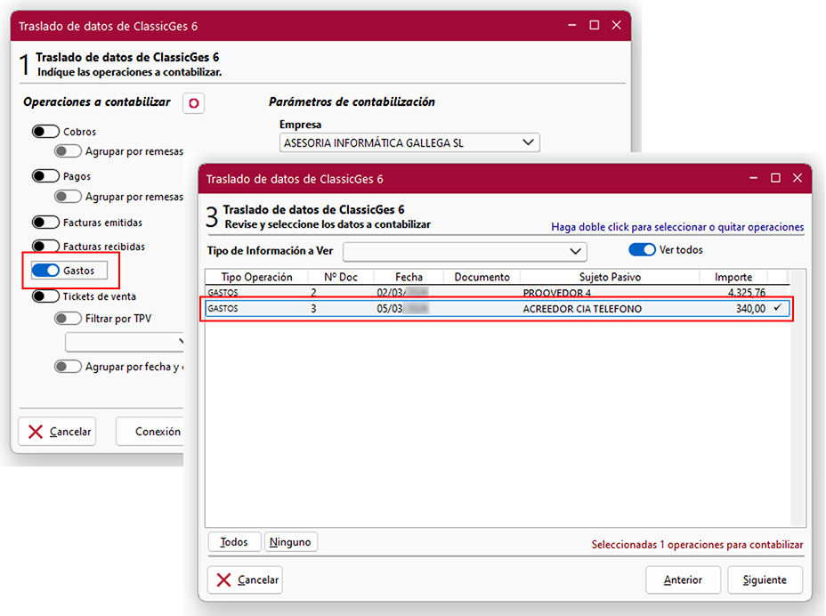 Ventana Traslado de datos de ClassicGes 6: pantalla 1 y Traslado de datos de ClassicGes 6: pantalla 3  en ClassicConta.