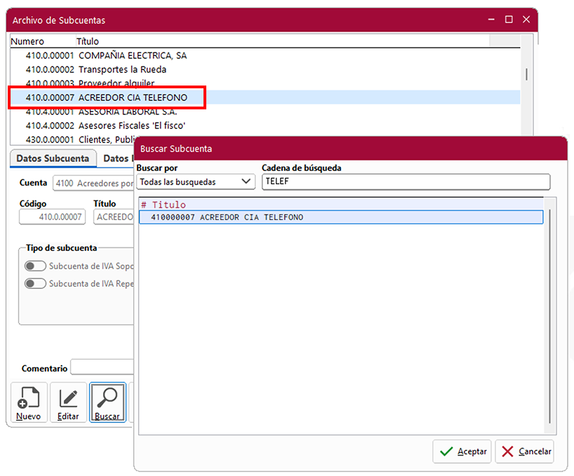Ventana Archivo de Subcuentas y ventana Buscar Subcuenta en ClassicConta.