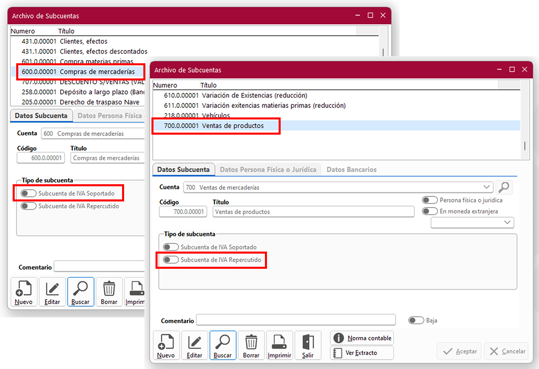 Ventana Archivo de Subcuentas y ventana Archivo de Subcuentas en ClassicConta.