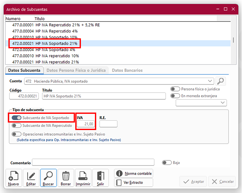 Ventana Archivo de Subcuentas en ClassicConta.