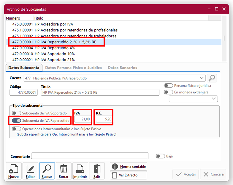 Ventana Archivo de Subcuentas en ClassicConta.