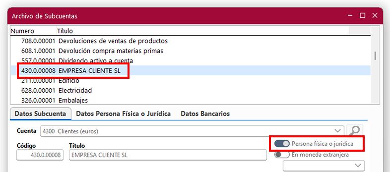 Ventana Archivo de Subcuentas en ClassicConta.