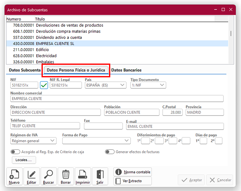 Ventana Archivo de Subcuentas: Datos Persona Física o Jurídica en ClassicConta.