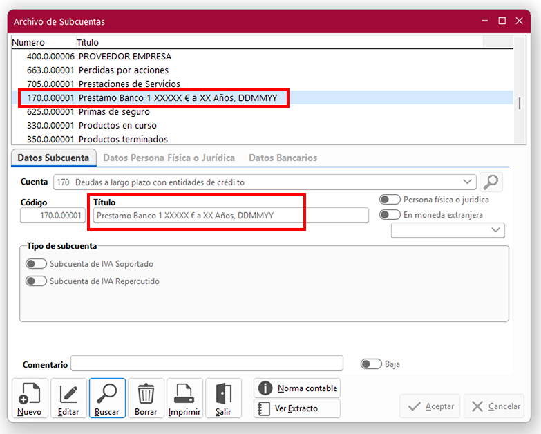 Ventana Archivo de Subcuentas en ClassicConta.