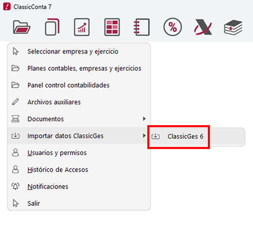 Menú Archivo, Importar datos ClassicGes, ClassicGes 6 en ClassicConta.