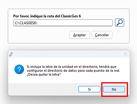 Ventana contextual Por favor, indique la ruta de ClassicGes 6 en ClassicConta.