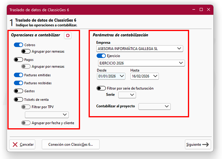Ventana Traslado de datos de ClassicGes 6, pantalla 1, en ClassicConta.