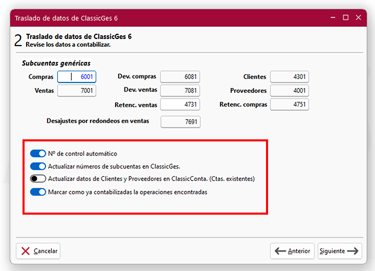 Ventana Traslado de datos de ClassicGes 6, pantalla 2, en ClassicConta.