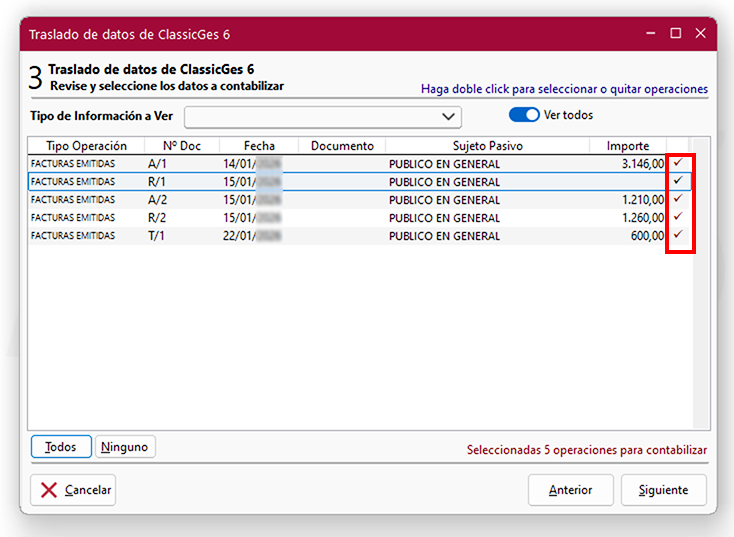 Ventana Traslado de datos de ClassicGes 6, pantalla 3, en ClassicConta.