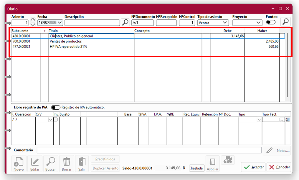 Ventana Diario en ClassicConta.
