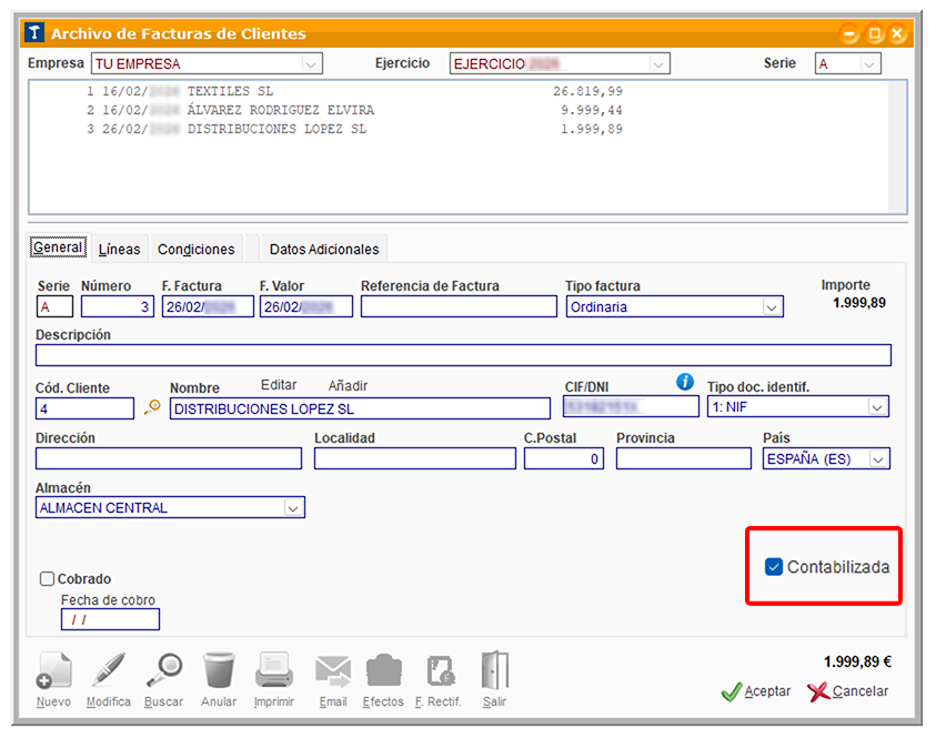 Ventana Archivo de Facturas de Clientes en ClassicGes 6.