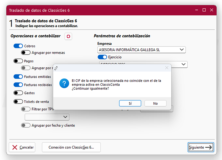 Ventana Traslado de datos de ClassicGes 6 en ClassicConta.