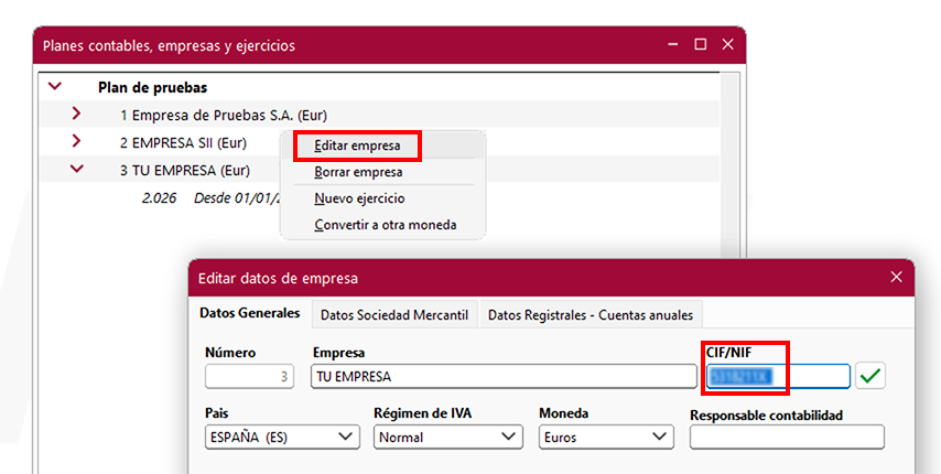 Ventana Planes contables, empresas y ejercicios y ventana Editar datos de empresa en ClassicConta.
