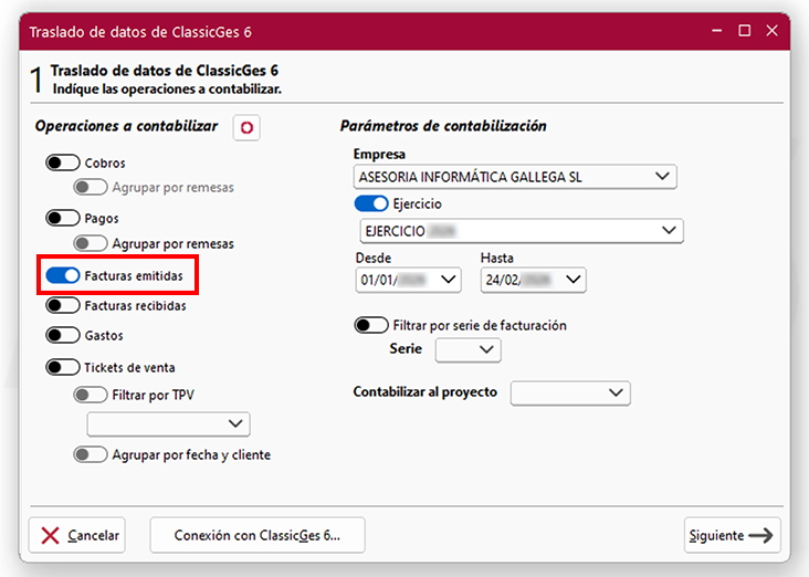 Ventana Traslado de datos de ClassicGes 6, conmutador Facturas emitidas en ClassicConta.