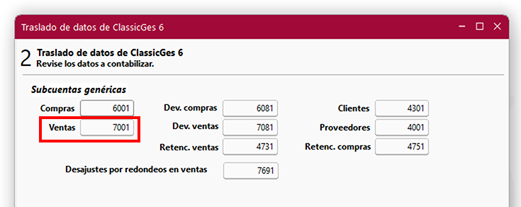 Ventana Traslado de datos de ClassicGes 6, pantalla 2, Ventas en ClassicConta.