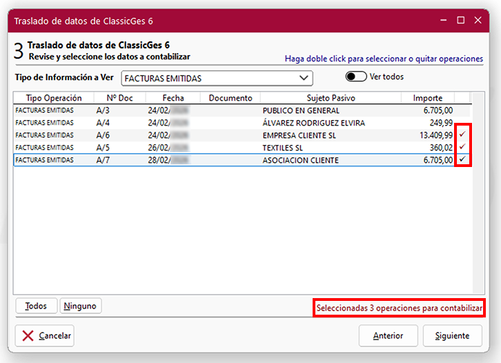 Ventana Traslado de datos de ClassicGes 6, pantalla 3 en ClassicConta.