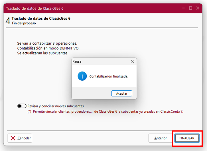 Ventana Traslado de datos de ClassicGes 6, pantalla 4 en ClassicConta.