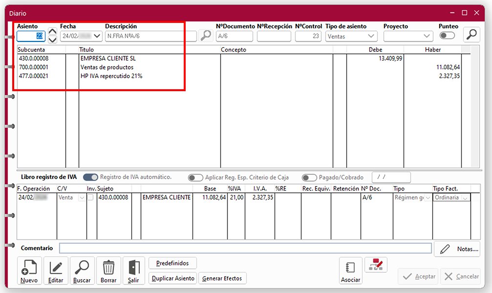 Ventana Diario: Asiento, Fecha, Descripción en ClassicConta.