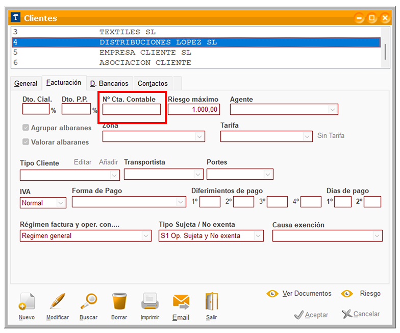 Ventana Clientes: Nº Cta. Contable en ClassicGes 6.
