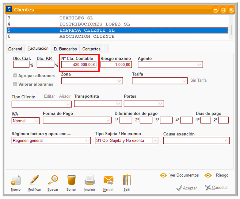 Ventana Clientes: Nº Cta. Contable en ClassicGes 6.
