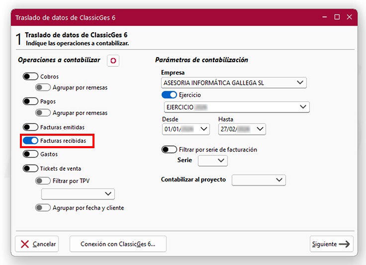 Ventana Traslado de datos de ClassicGes 6, pantalla 1, conmutador Facturas recibidas en ClassicConta.