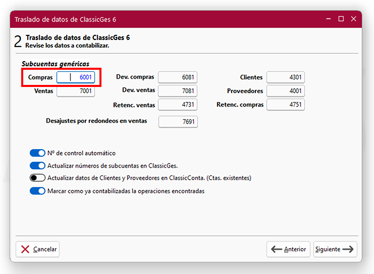 Ventana Traslado de datos de ClassicGes 6, pantalla 2, Compras en ClassicConta.
