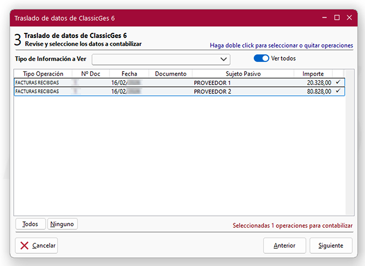 Ventana Traslado de datos de ClassicGes 6, pantalla 3 en ClassicConta.