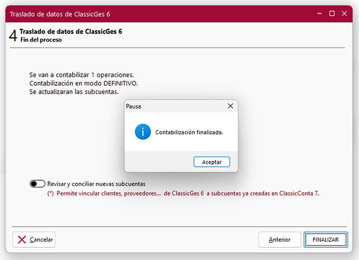 Ventana Traslado de datos de ClassicGes 6, pantalla 4 en ClassicConta.