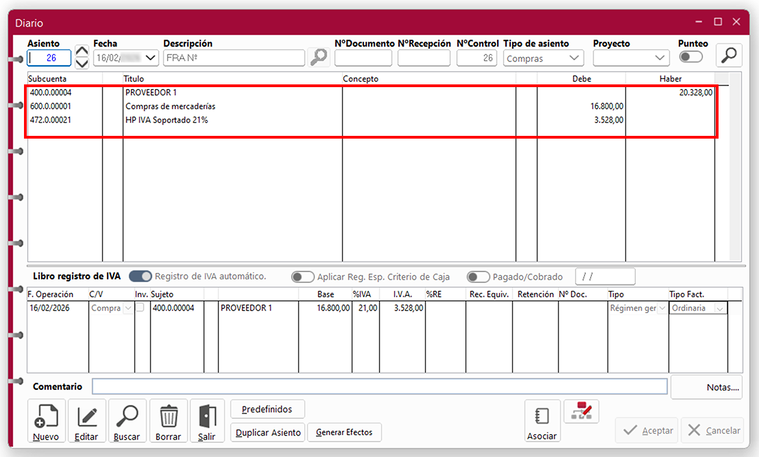 Ventana Diario: Subcuenta, Título, Concepto, Debe y Haber en ClassicConta.