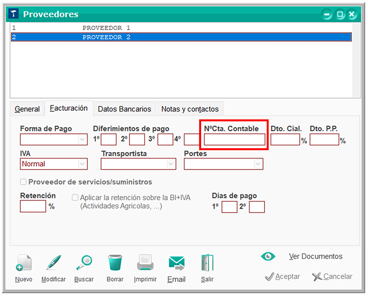Ventana Proveedores: Nº Cta. Contable en ClassicGes 6.