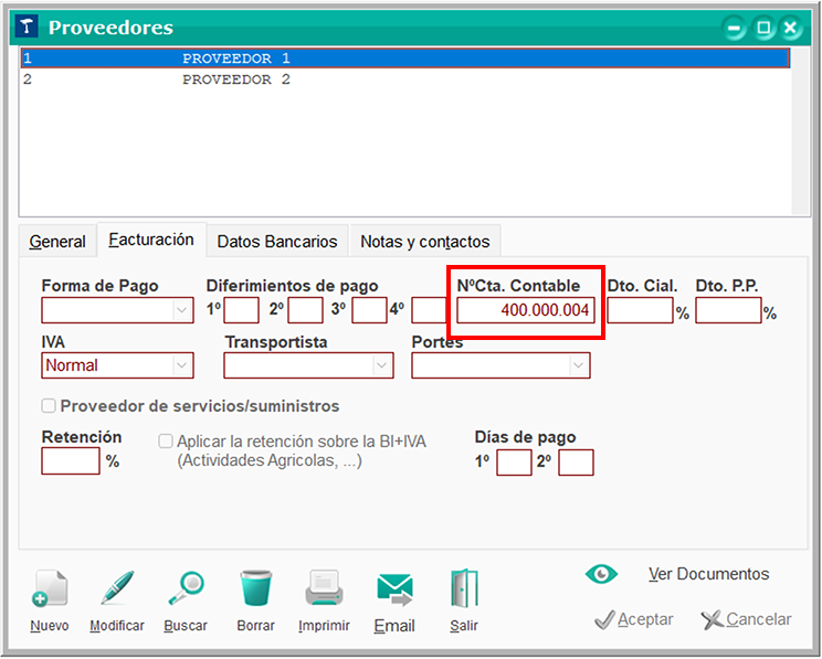 Ventana Proveedores: Nº Cta. Contable en ClassicGes 6.