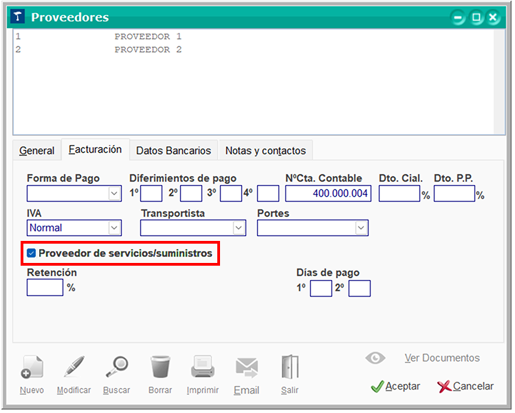 Ventana Proveedores: Proveedor de servicios/suministros en ClassicGes 6.