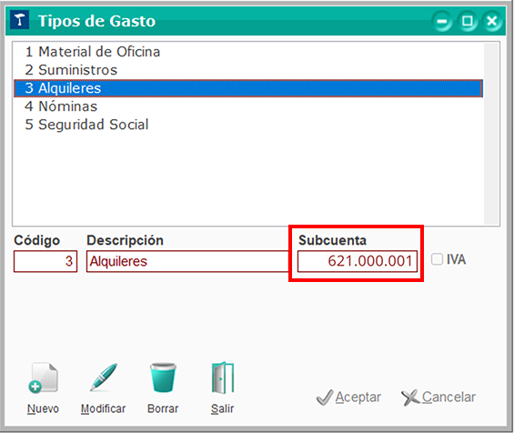 Ventana Tipos de Gasto: Subcuenta en ClassicGes 6.