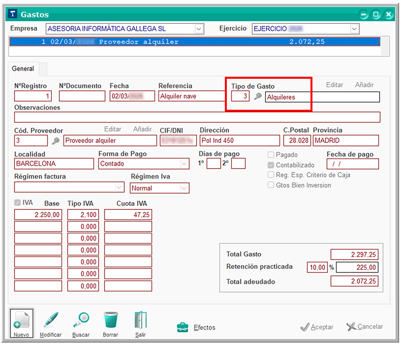 Ventana Gastos: Tipos de Gastos en ClassicGes 6.