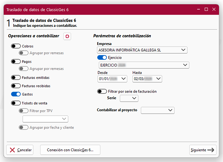 Ventana Traslado de datos de ClassicGes 6: pantalla 1 en ClassicConta.