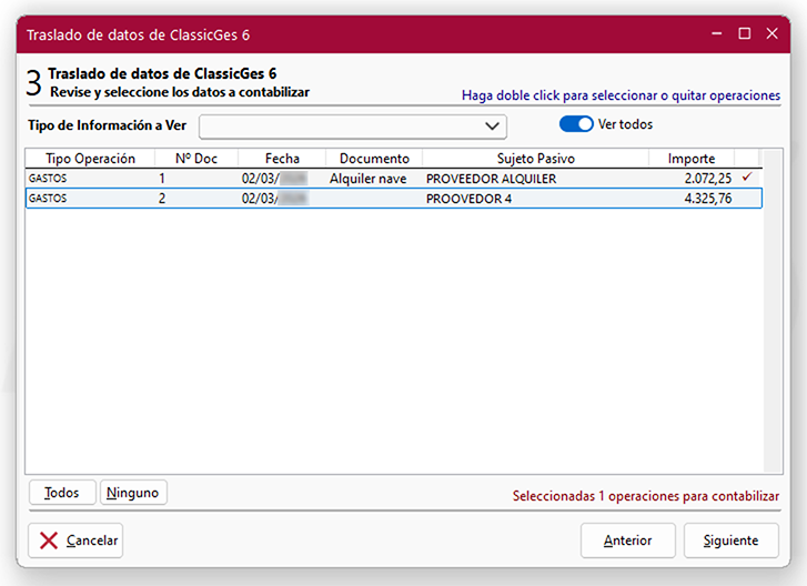Ventana Traslado de datos de ClassicGes 6: pantalla 3 en ClassicConta.
