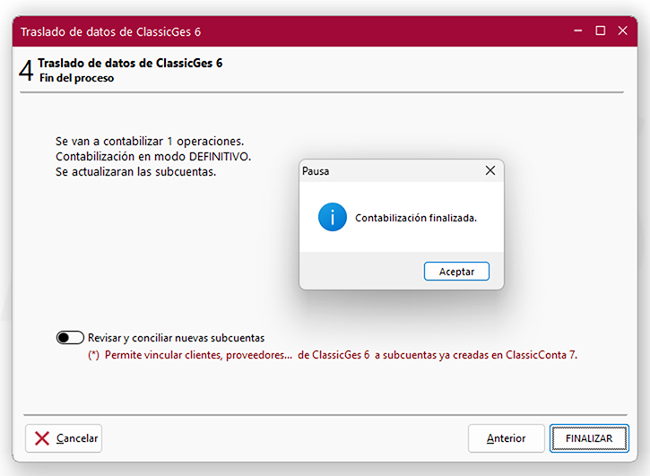 Ventana Traslado de datos de ClassicGes 6: pantalla 4 en ClassicConta.