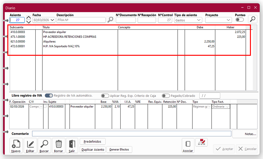 Ventana Diario: Subcuenta, Título, Concepto, Debe y Haber en ClassicConta.