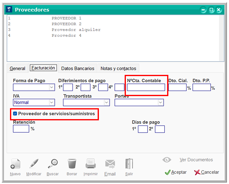 Ventana Proveedores: Nº Cta.Contable y Proveedor de servicios/suministros en ClassicGes 6.