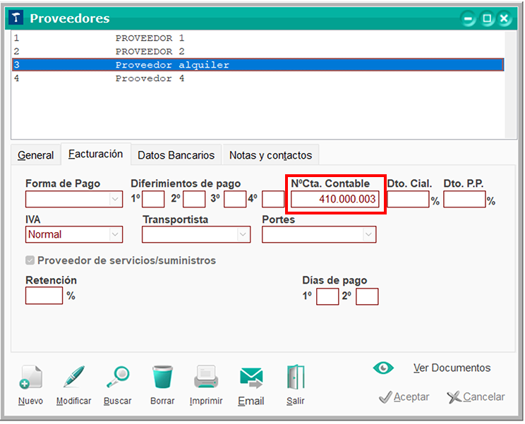 Ventana Proveedores: Nº Cta.Contable en ClassicGes 6.
