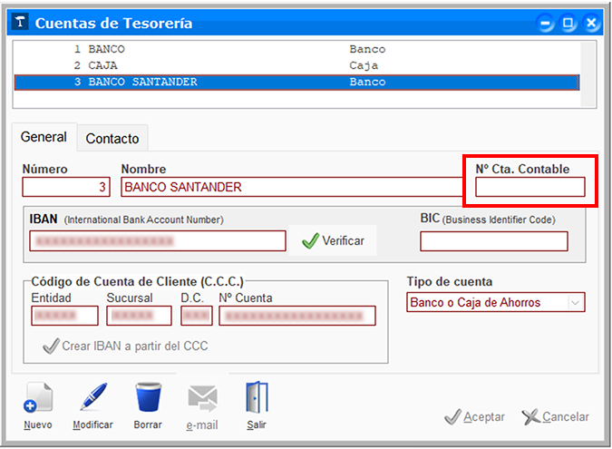 Ventana Cuentas de Tesorería: Nº Cta.Contable en ClassicGes 6.