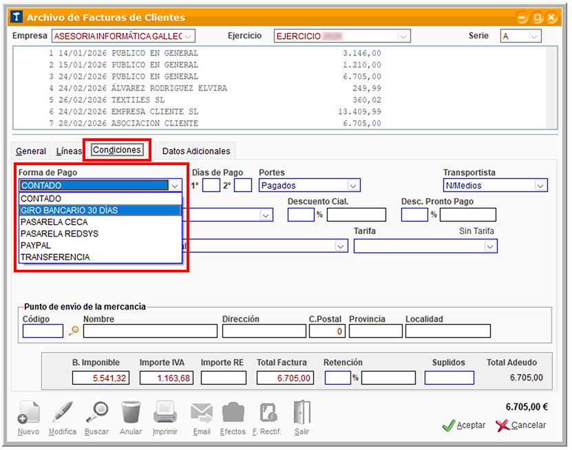 Ventana Archivo de Facturas de Clientes: Condiciones en ClassicGes 6.