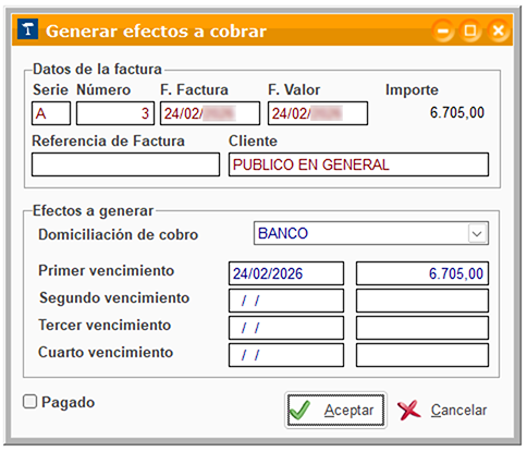 Ventana Generar efectos a cobrar en ClassicGes 6.