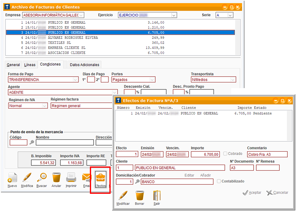 Ventana Archivo de Facturas de Clientes y ventana Efectos de Factura NºA/3 en ClassicGes 6.