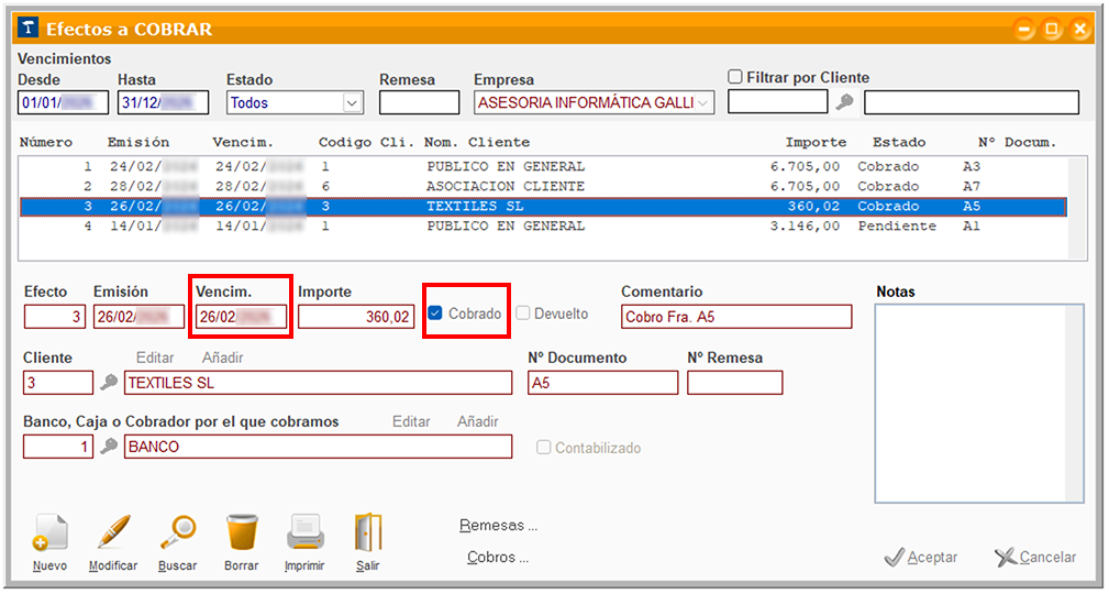 Ventana Efectos a COBRAR en ClassicGes 6.