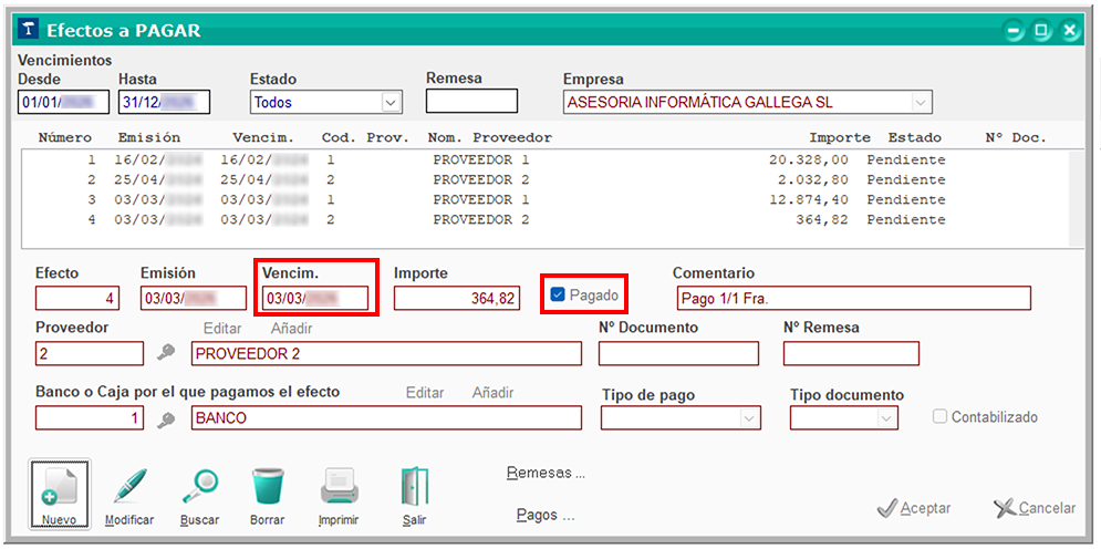 Ventana Efectos a PAGAR en ClassicGes 6.