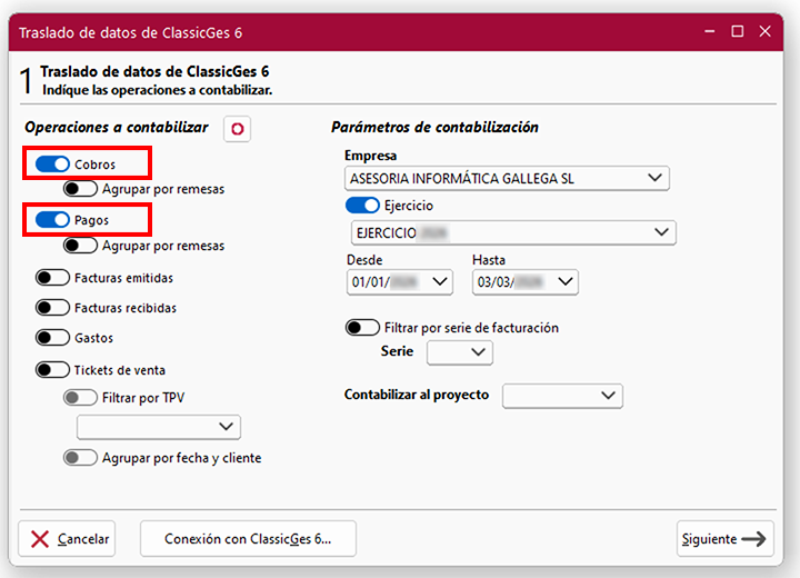 Ventana Traslado de datos de ClassicGes 6, pantalla 1: conmutador Cobros y conmutador Pagos en ClassicConta.