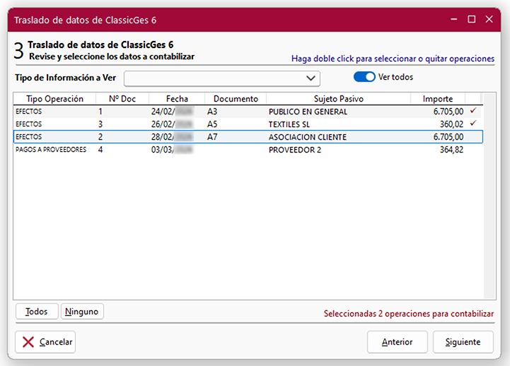 Ventana Traslado de datos de ClassicGes 6, pantalla 3 Pagos en ClassicConta.