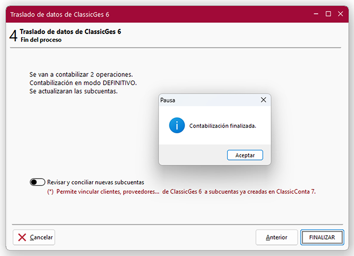 Ventana Traslado de datos de ClassicGes 6, pantalla 4 Pagos en ClassicConta.