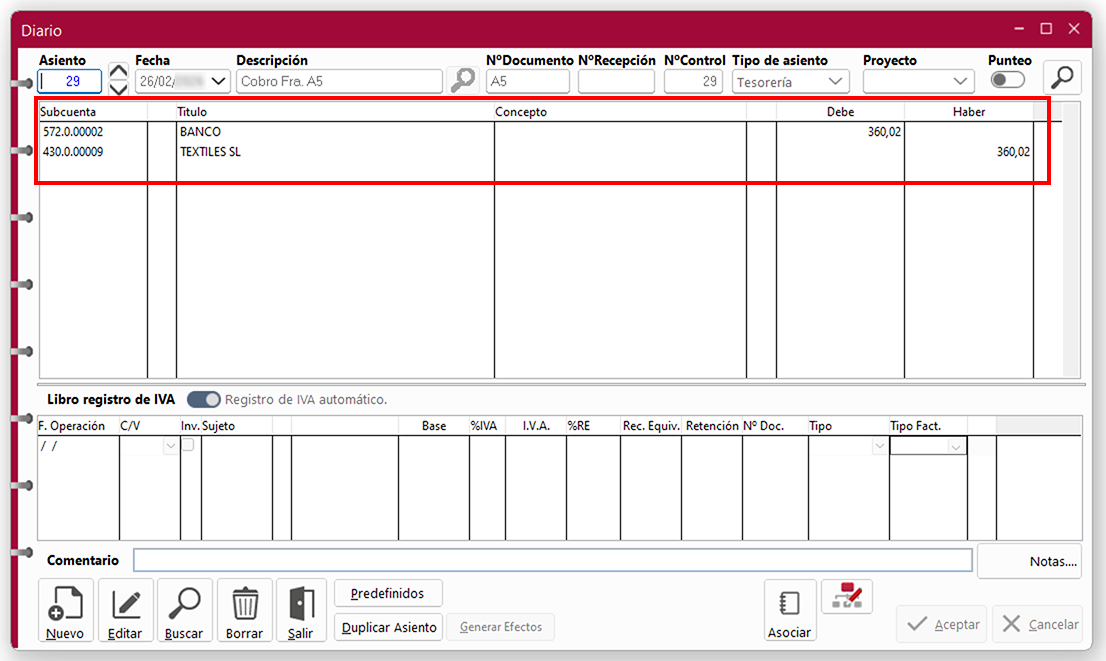 Ventana Diario en ClassicConta.
